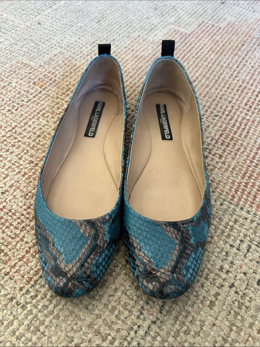 Karl Lagerfeld Teal and Brown Snake-Print Ballet Flats/Size 8